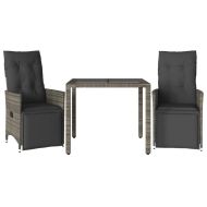 Градински бистро комплект с възглавници 3 части сив полиратан