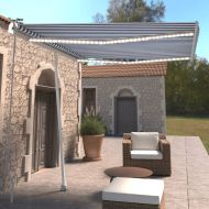 Ръчно прибираща се тента с LED, 300x250 см, синьо и бяло