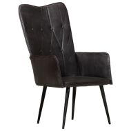 Wingback стол, черен, естествена кожа