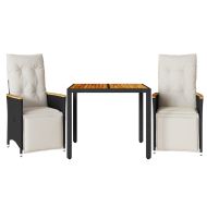 Градински бистро комплект с възглавници 3 части черен полиратан