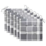 Градински столове, възглавници със сиво каре, 6 бр, тик масив