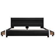 Рамка за легло с LED, черна, изкуствена кожа, 140x200 cм
