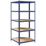 Ъглов стелаж с 5 рафта, синьо, стомана и инженерно дърво
