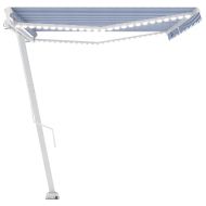 Ръчно прибиращ се сенник с LED, 500x300 см, синьо и бяло