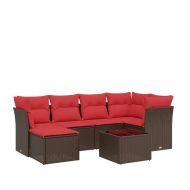 Градински диван с възглавници, 7 части, полиратан, кафяв