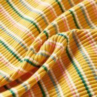 Детска тениска с дълги ръкави, ниска яка, раирана, охра, 92