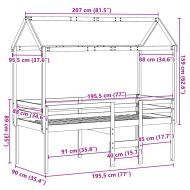 Високо легло с покрив, бяло, 90x190 см, борово дърво масив
