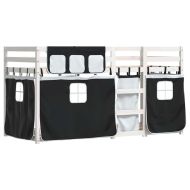 Двуетажно легло със завеси, бяло и черно, 90x200 см, бор масив