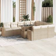 Градински диван с възглавници, 11 части, бежов полиратан