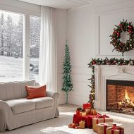 Тънка изкуствена половин коледна елха със стойка зелена 150 см