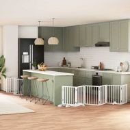 Сгъваема преграда за кучета с врата 15 панела бял 750 см топола