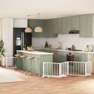 Сгъваема преграда за кучета с врата 12 панела бял 960 см топола