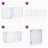 Кучешка порта с врата, сгъваема, 4 панела, бяла, 320 см, тополово дърво