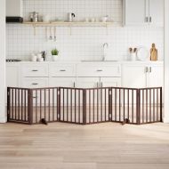 Сгъваема преграда за куче с врата 6 панела кафява 300 см топола