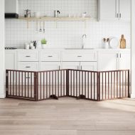 Кучешка порта с врата, сгъваема, 4 панела, кафява, 320 см, тополово дърво