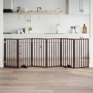 Кучешка порта с врата, сгъваема, 6 панела, кафява, 300 см, тополово дърво