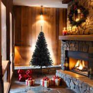 Изкуствена коледна елха със стойка, черна, 150 см, PVC