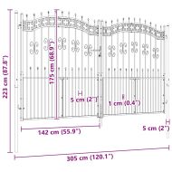 Оградна порта с капак тип „копие“, черна, 305x175 см, прахово боядисана стомана