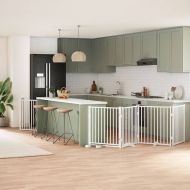 Сгъваема преграда за кучета с врата 10 панела бял 800 см топола