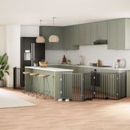 Сгъваема преграда за куче с врата 10 панела черна 800 см топола