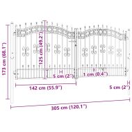 Оградна порта с капак тип „копие“, черна, 305x125 см, прахово боядисана стомана