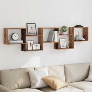 Стенен кубичен рафт, 5 отделения, старо дърво, инженерно дърво