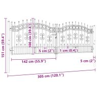 Оградна порта с капак тип „копие“, черна, 305x100 см, прахово боядисана стомана