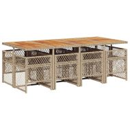 Градински комплект с възглавници, 9 части, бежов полиратан