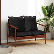 2-местен диван, черен, естествена кожа и акациево дърво масив