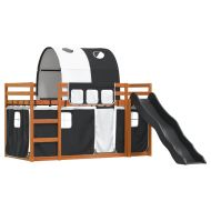 Двуетажно легло с пързалка и завеси, бяло и черно, 90x200 см