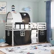 Двуетажно легло със завеси, бяло и черно, 90x200 см, бор масив