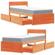 Легло с чекмеджета и матрак восъчнокафяво 100x200 см бор масив