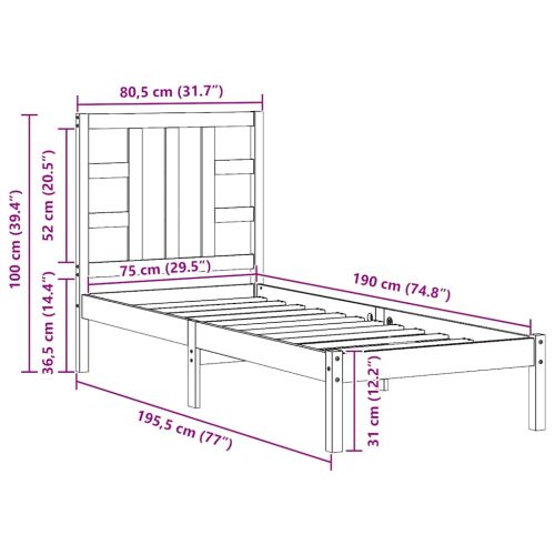 Рамка за легло, масивно дърво, 75x190 см, Small Single