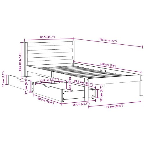 Рамка за легло без матрак, 75x190 см, масивна чамова дървесина