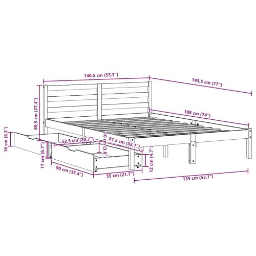 Рамка за легло без матрак, 135x190 см, масивна чамова дървесина