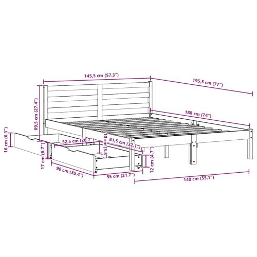 Рамка за легло без матрак, 140x190 см, масивна чамова дървесина
