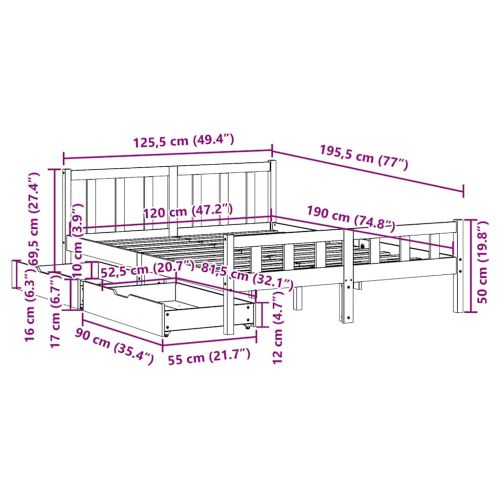 Рамка за легло без матрак, 120x190 см, масивна чамова дървесина