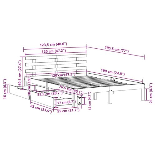 Рамка за легло, с чекмеджета, без матрак, бяла, 120x190 см