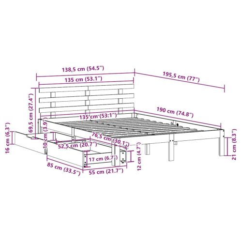 Рамка за легло, с чекмеджета, без матрак, бяла, 135x190 см