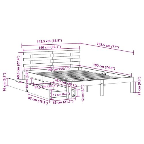 Рамка за легло, с чекмеджета, без матрак, бяла, 140x190 см