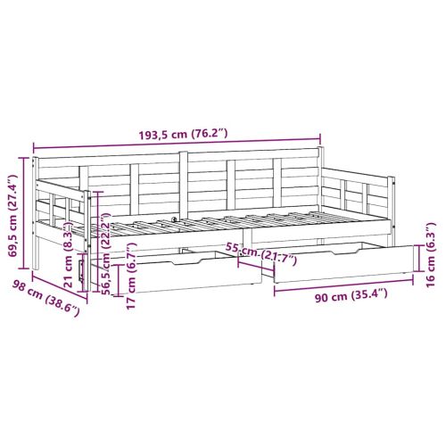 Дневно легло с чекмеджета, без матрак, 90x190 см, масивно дърво