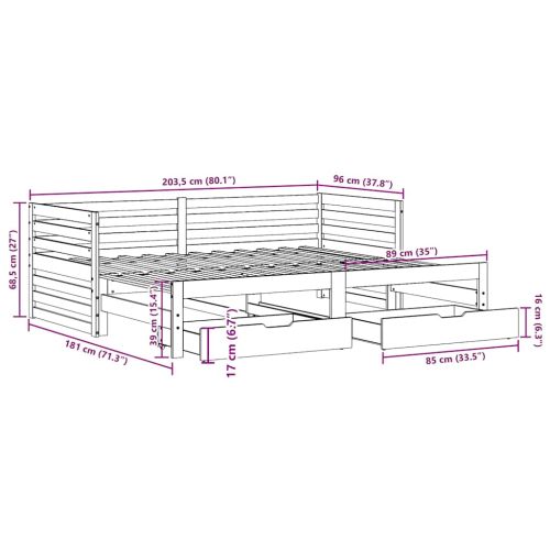 Легло с чекмеджета, без матрак, бяло, 90x200 см, масивно дърво