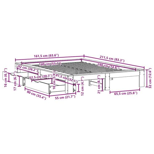 Рамка за легло без матрак, 140x190 см, масивна чамова дървесина