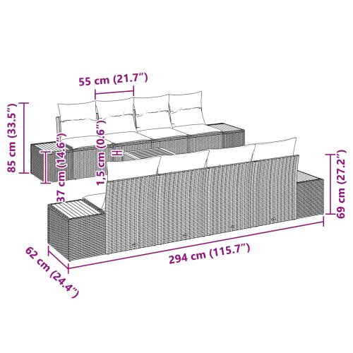 Градински Софа Комплект с възглавница 9 pcs Черно Полиратан