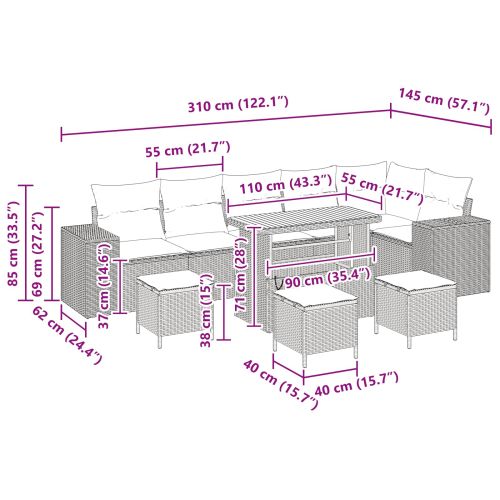Градински Софа Комплект с възглавница 10 pcs Черно полиратан