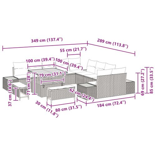 Градински Софа Комплект с възглавница 13 pcs Черно Полиратан