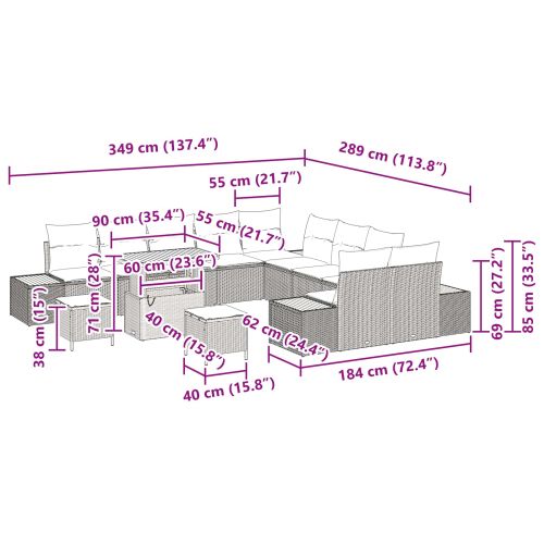 Градински Софа Комплект с възглавница 13 pcs Черно Полиратан