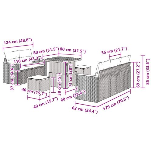 Градински Софа Комплект с възглавница 8 pcs Черно Полиратан
