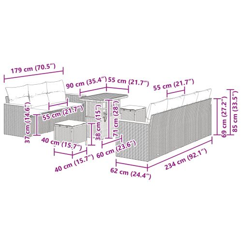 Градински Софа Комплект с възглавница 10 pcs Черно Полиратан
