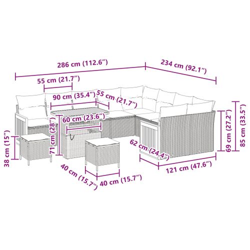 Градински Софа Комплект с възглавница 13 pcs Черно полиратан
